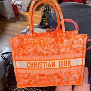 Christian Dior Neon Orange Canvas Book Tote Bag Medium Size Toile de Jouy